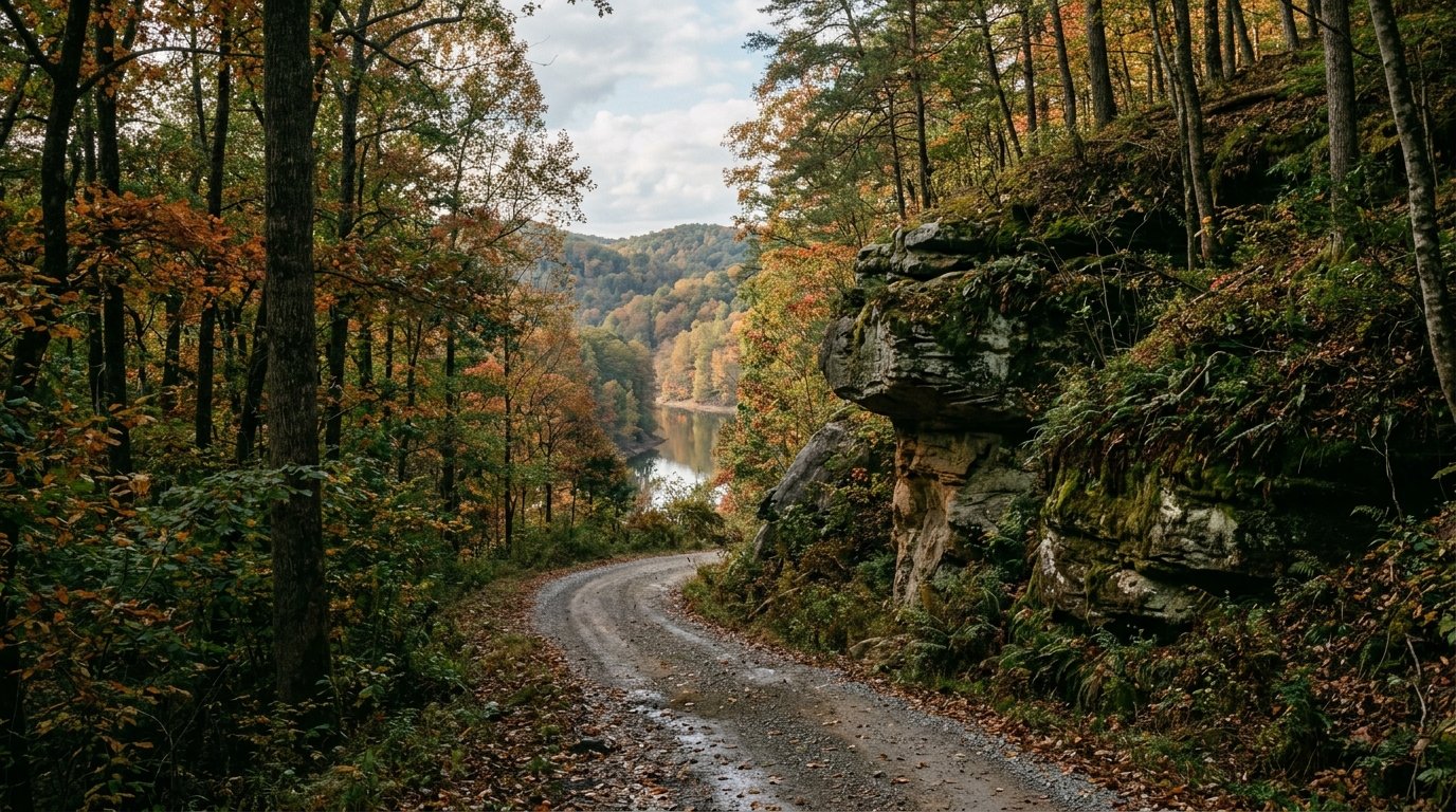 Gravel forest road through Menifee County hardwoods with lake water visible through the trees