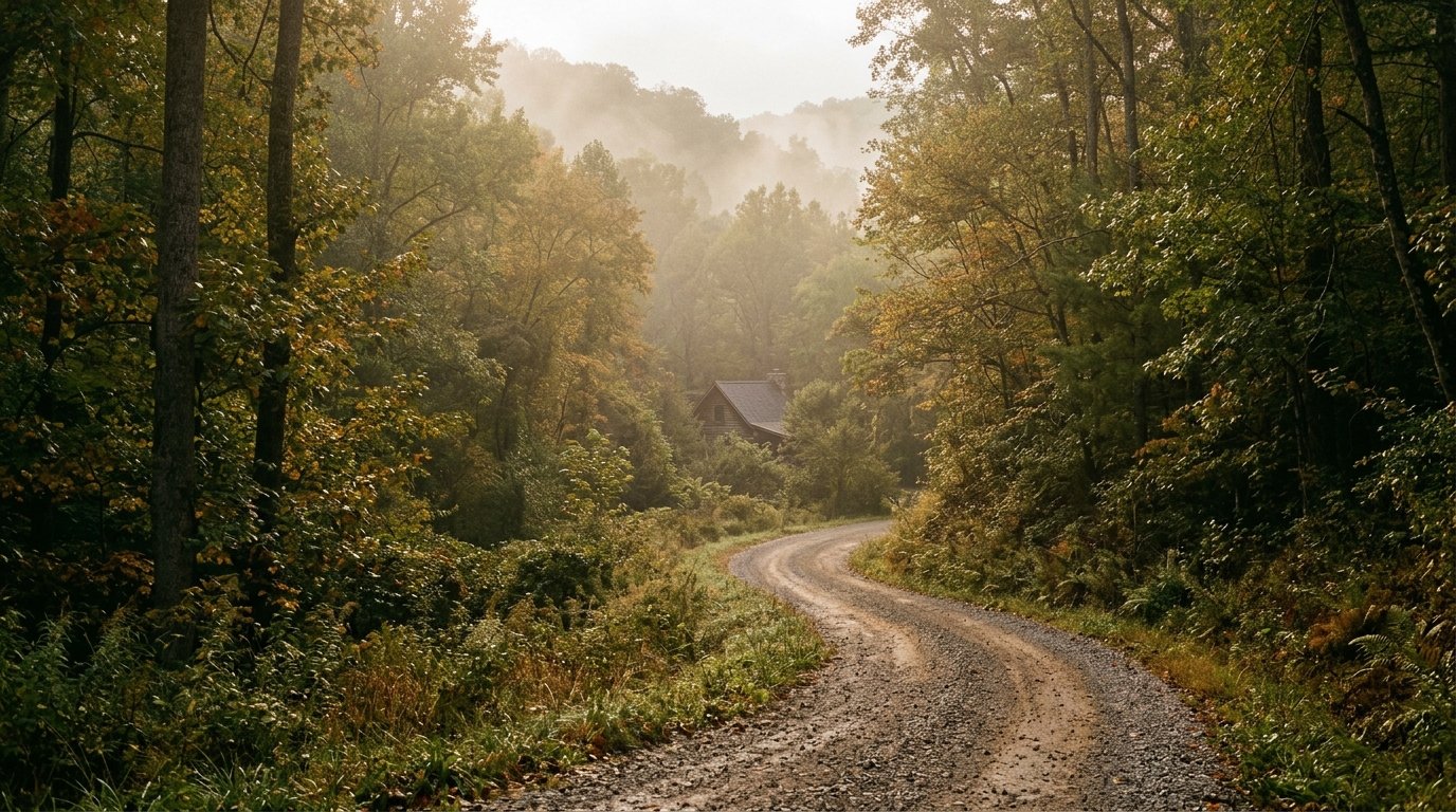Gravel lane disappearing into foggy forest with a distant cabin roof