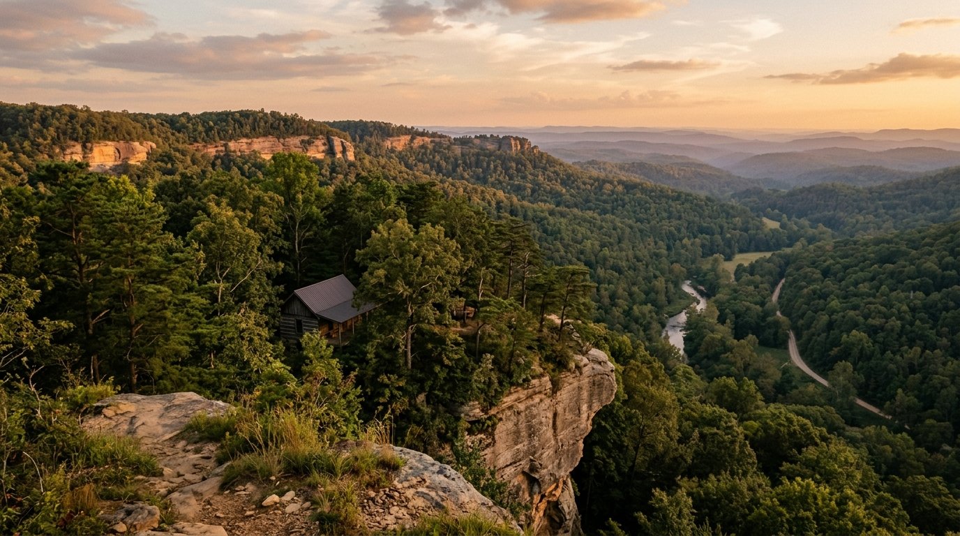Forested sandstone ridgeline with distant mountain haze at golden hour