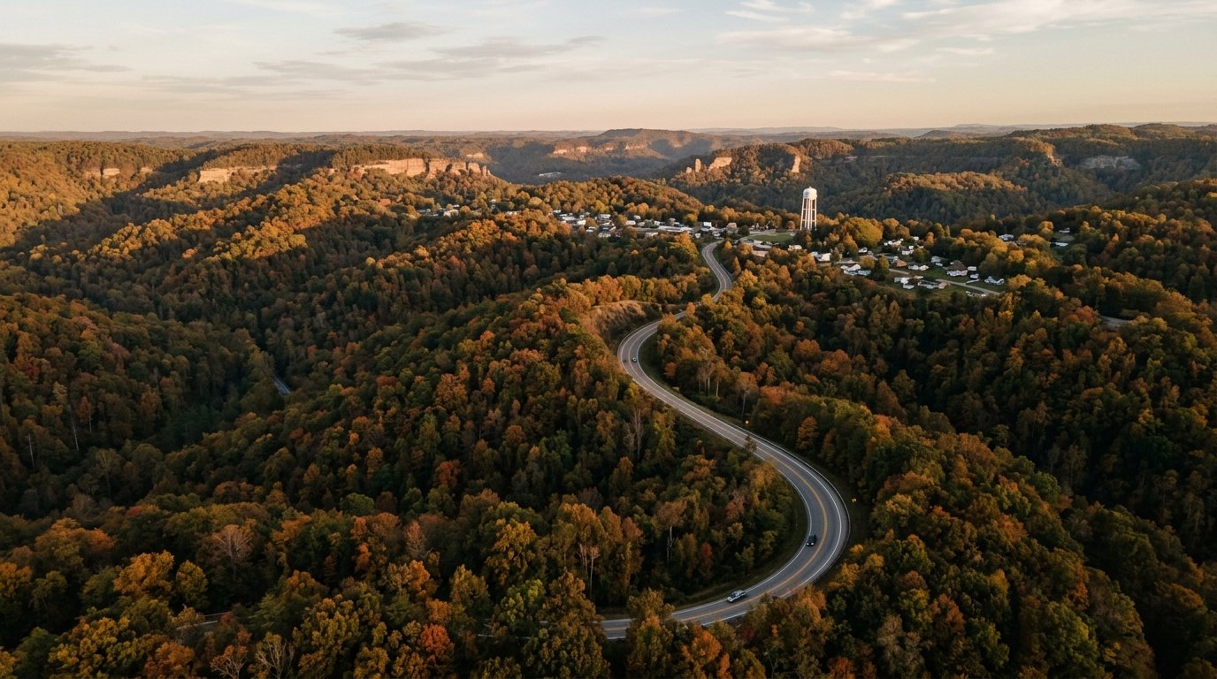 Aerial view of the Mountain Parkway corridor through forested Powell County ridges at golden hour