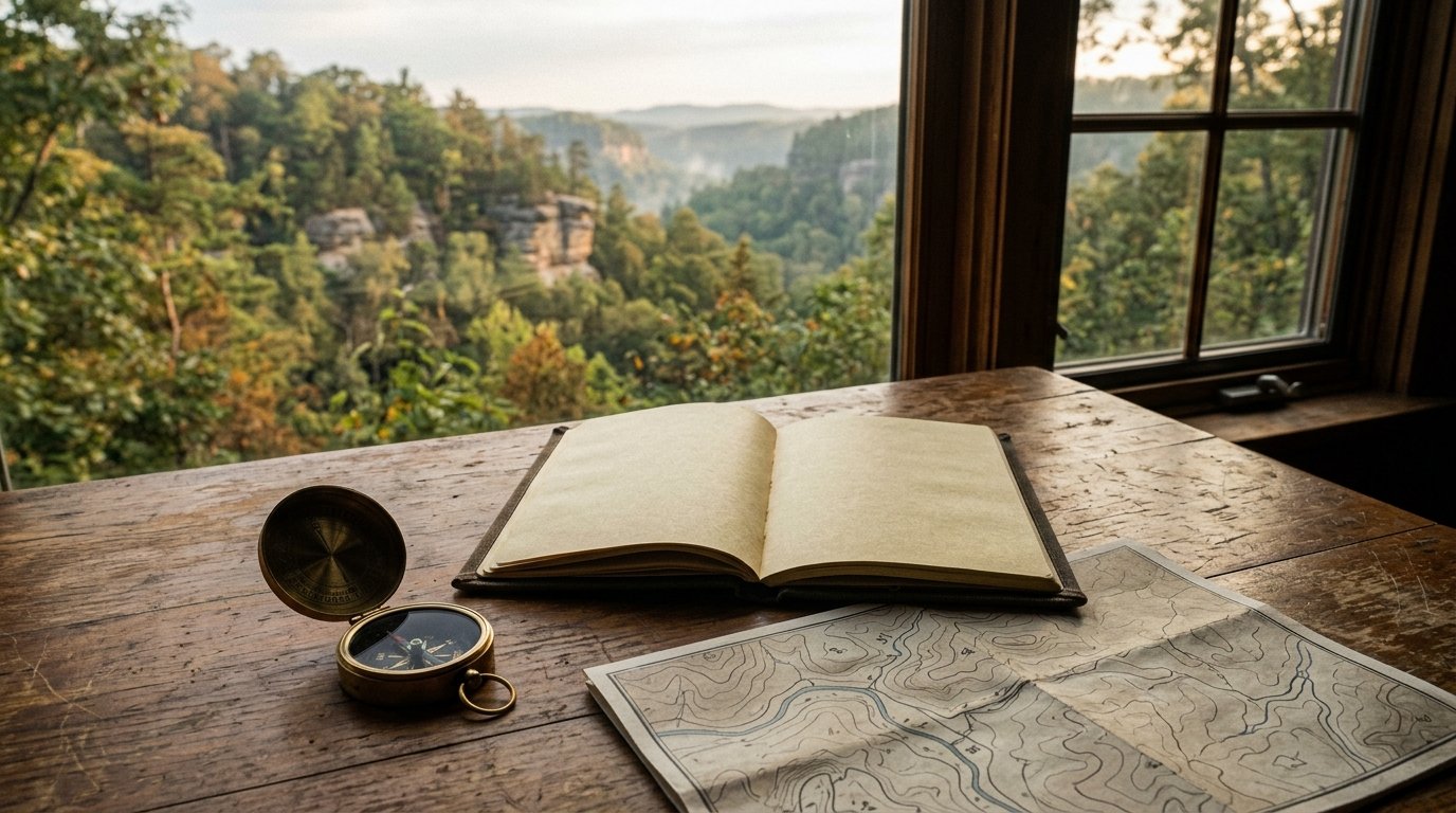 Field notebook, compass, and folded map on a wooden table by a cabin window