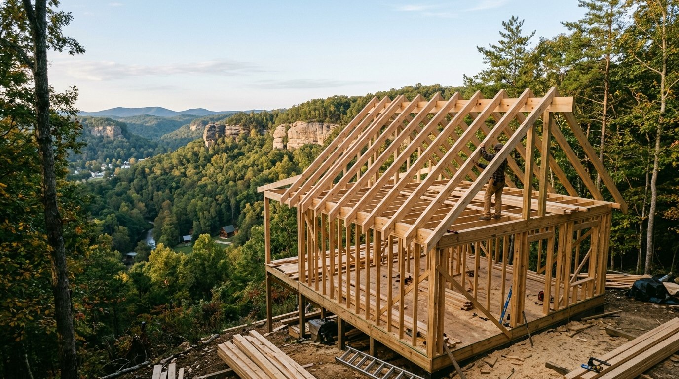 Cabin framing rising on a wooded ridge in the Red River Gorge region at evening