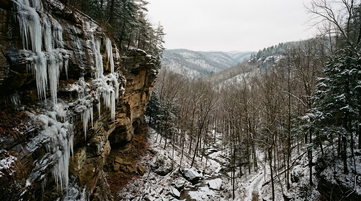 Icicle-draped sandstone cliff above bare winter forest