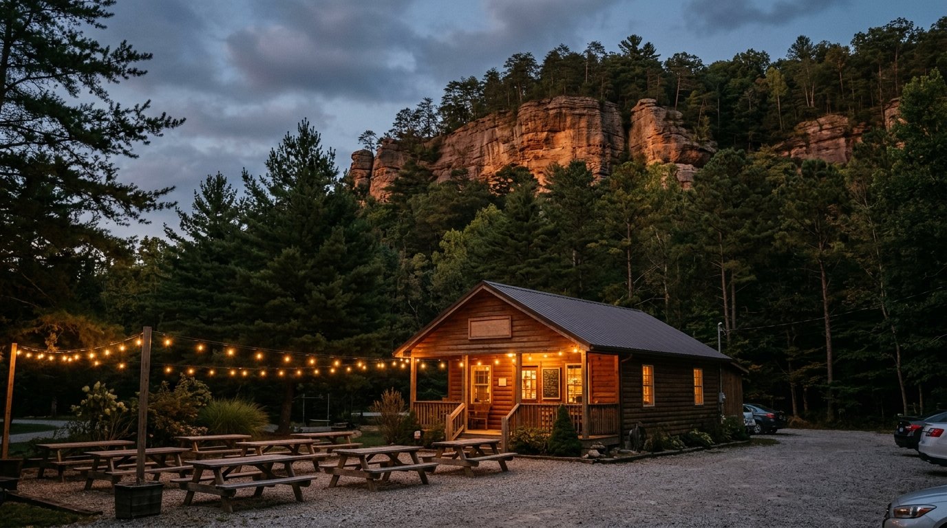 Warm-lit rural roadside eatery porch beneath a pine ridge at dusk