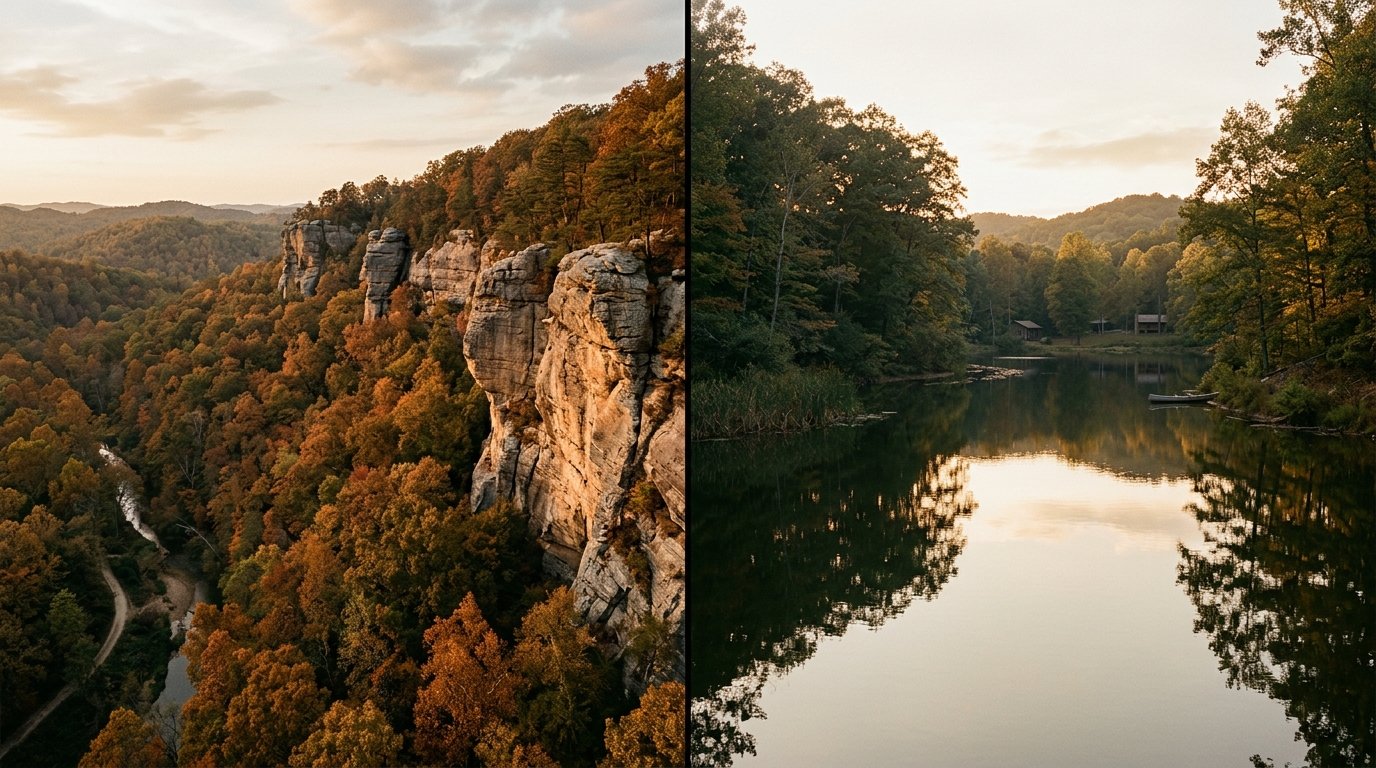 Sandstone cliffs and a calm wooded lake cove in late-afternoon light