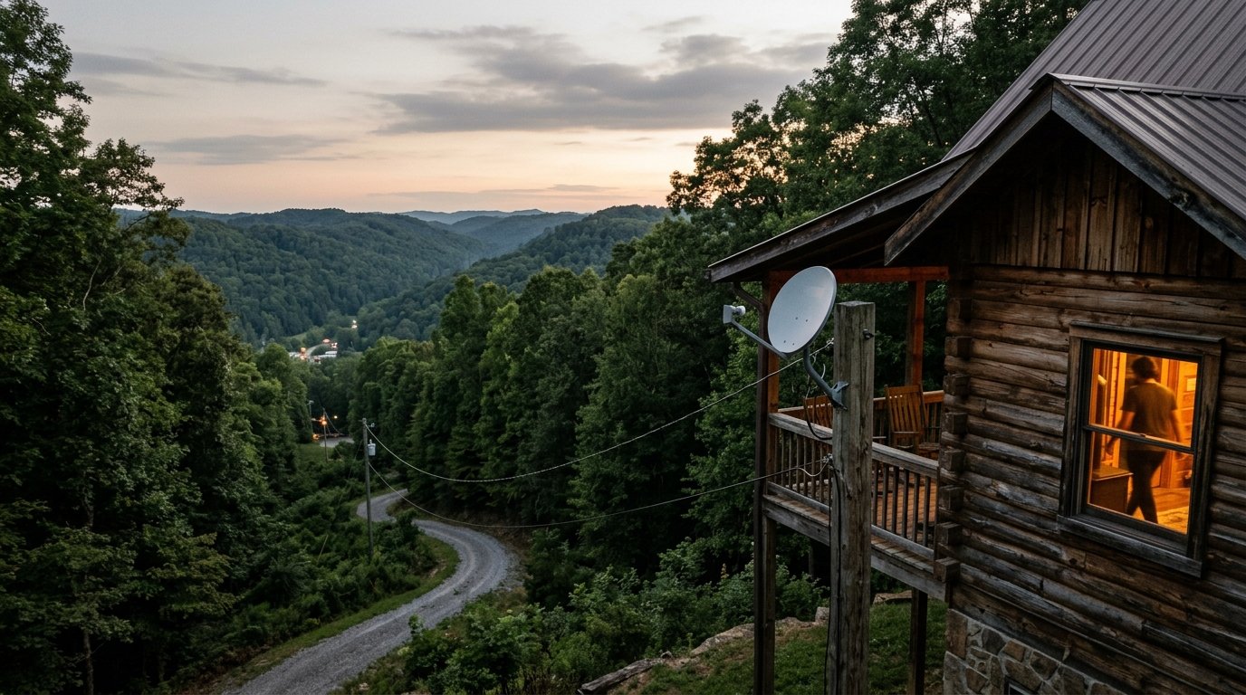 Satellite dish on a cabin post above a wooded Gorge hollow at dusk