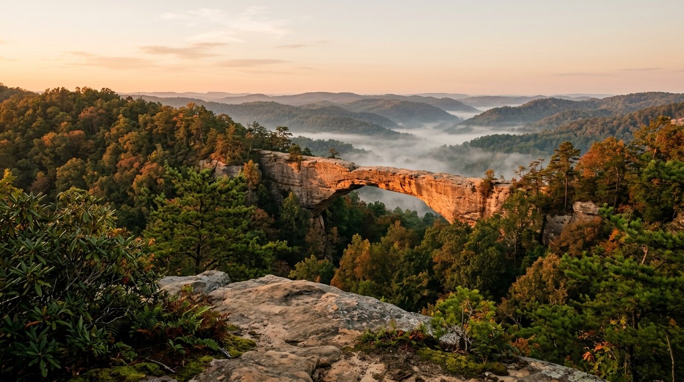 Narrow sandstone span above fog-filled forested valley at sunrise