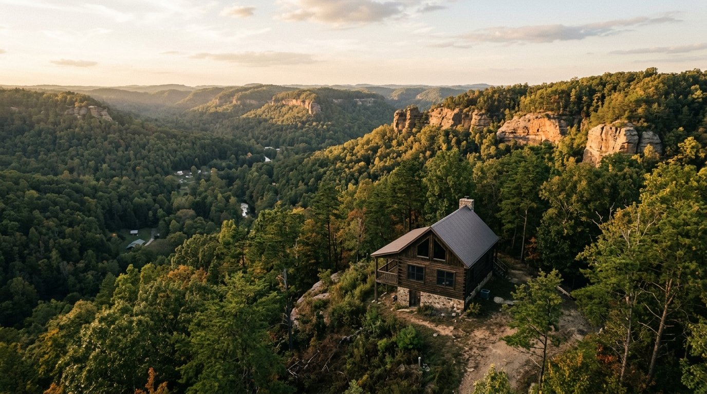 Timber cabin on a forested ridgeline with distant sandstone cliffs in golden light
