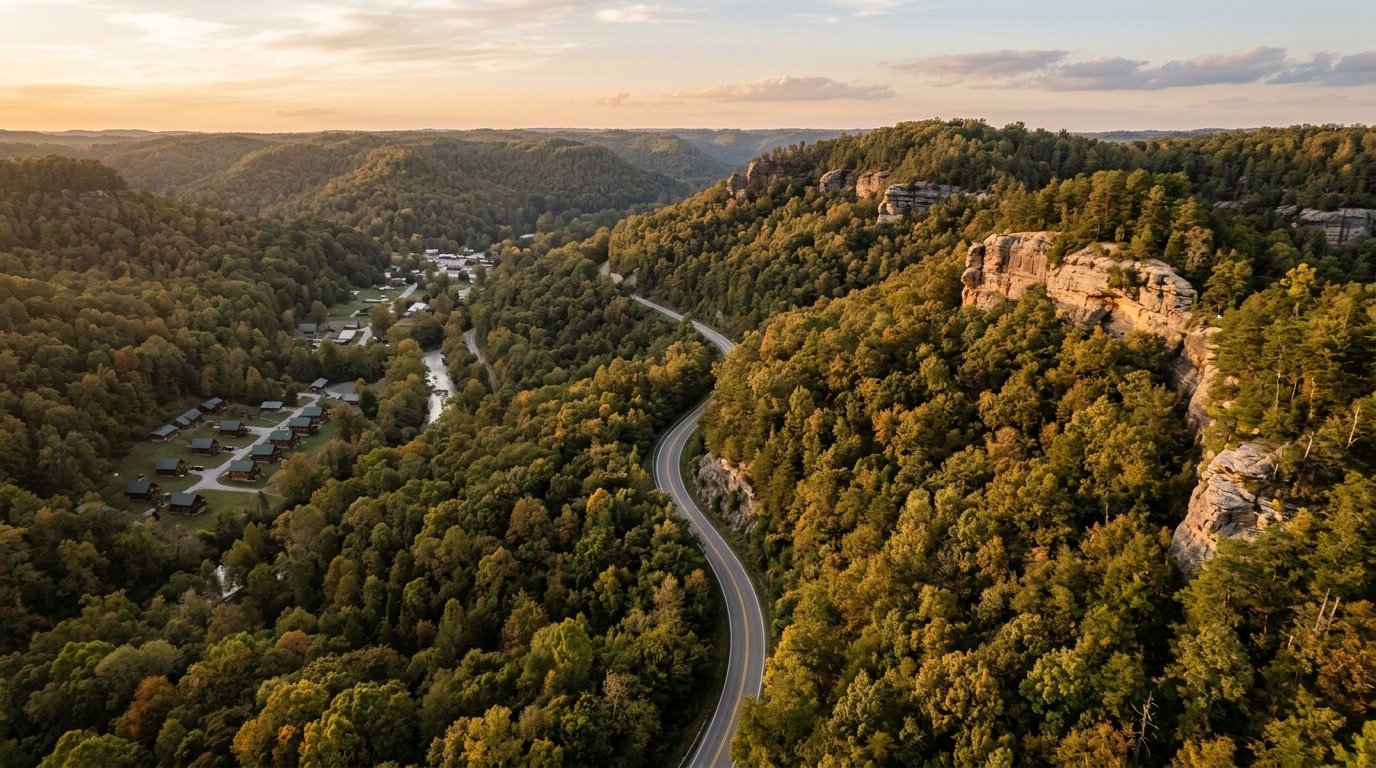 Aerial of a winding parkway through forested ridges with a small town in the valley