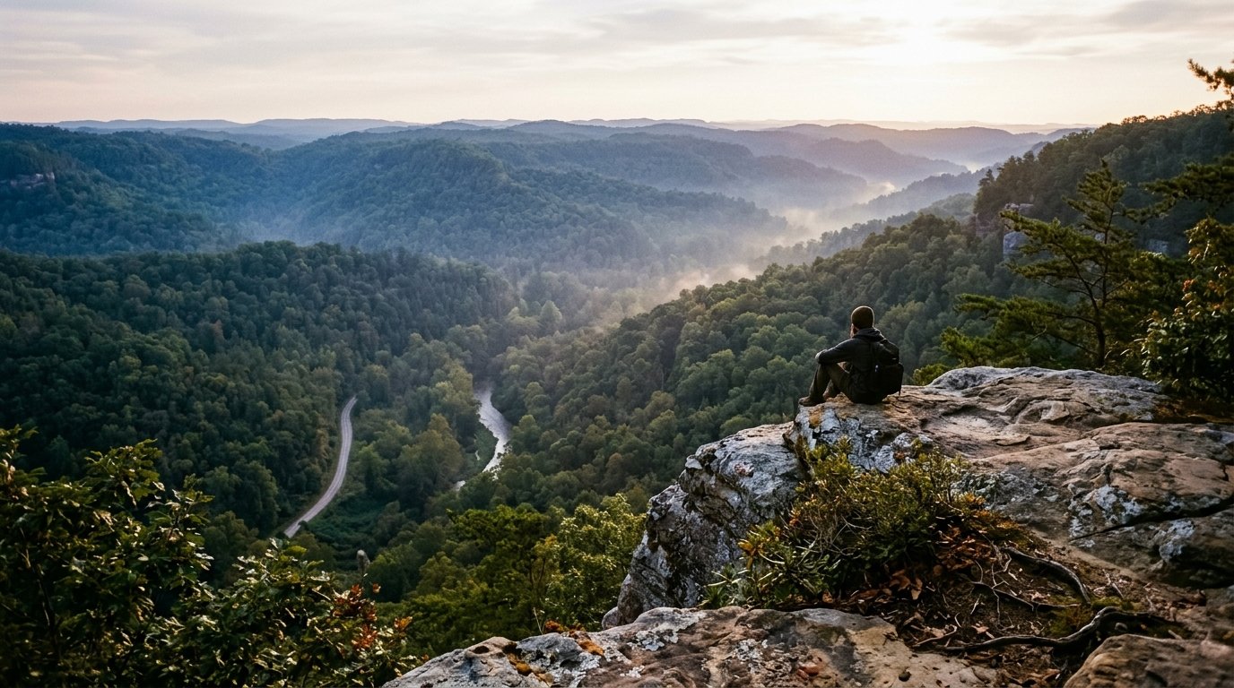 Morning mist over forested Wolfe County ridgelines seen from a sandstone overlook